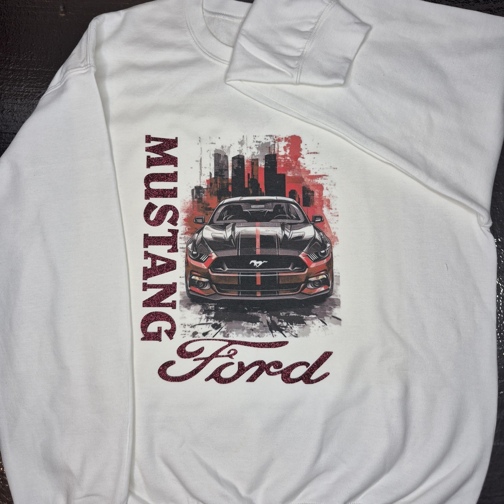 BRAND NEW CUSTOM White Ford Mustang Graphic Crew Sweatshirt. Pick Your Size
